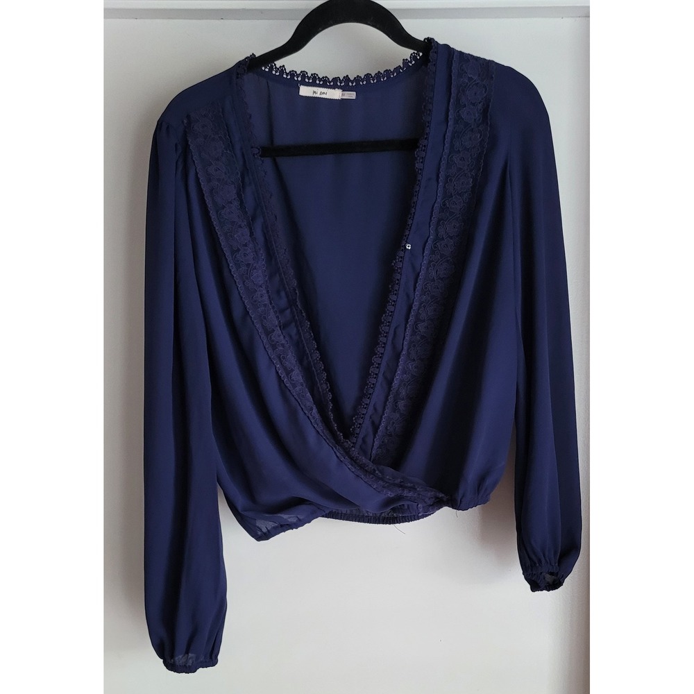Mi Ami Blouse Women M Navy Blue V-Neck Long Sleeve Boho Top Lace